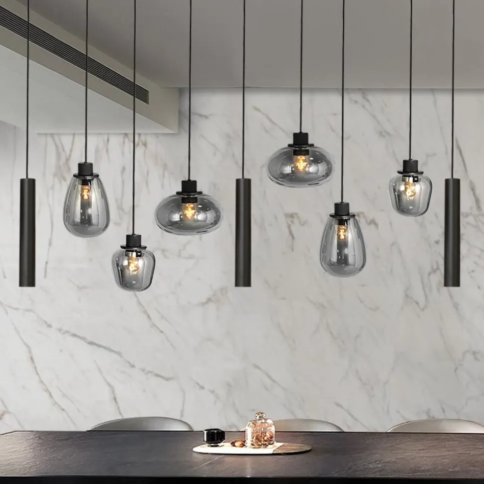 Reflexion hanglamp, metaal, glas, 9-lamps, zwart