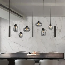 Reflexion hanglamp, metaal, glas, 9-lamps, zwart