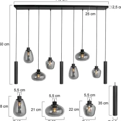 Reflexion hanglamp, metaal, glas, 9-lamps, zwart