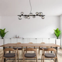 Riha hanglamp, lengte 87 cm, zwart/rookkleurig, 9-lamps.