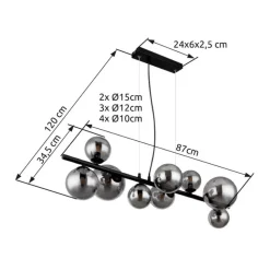 Riha hanglamp, lengte 87 cm, zwart/rookkleurig, 9-lamps.