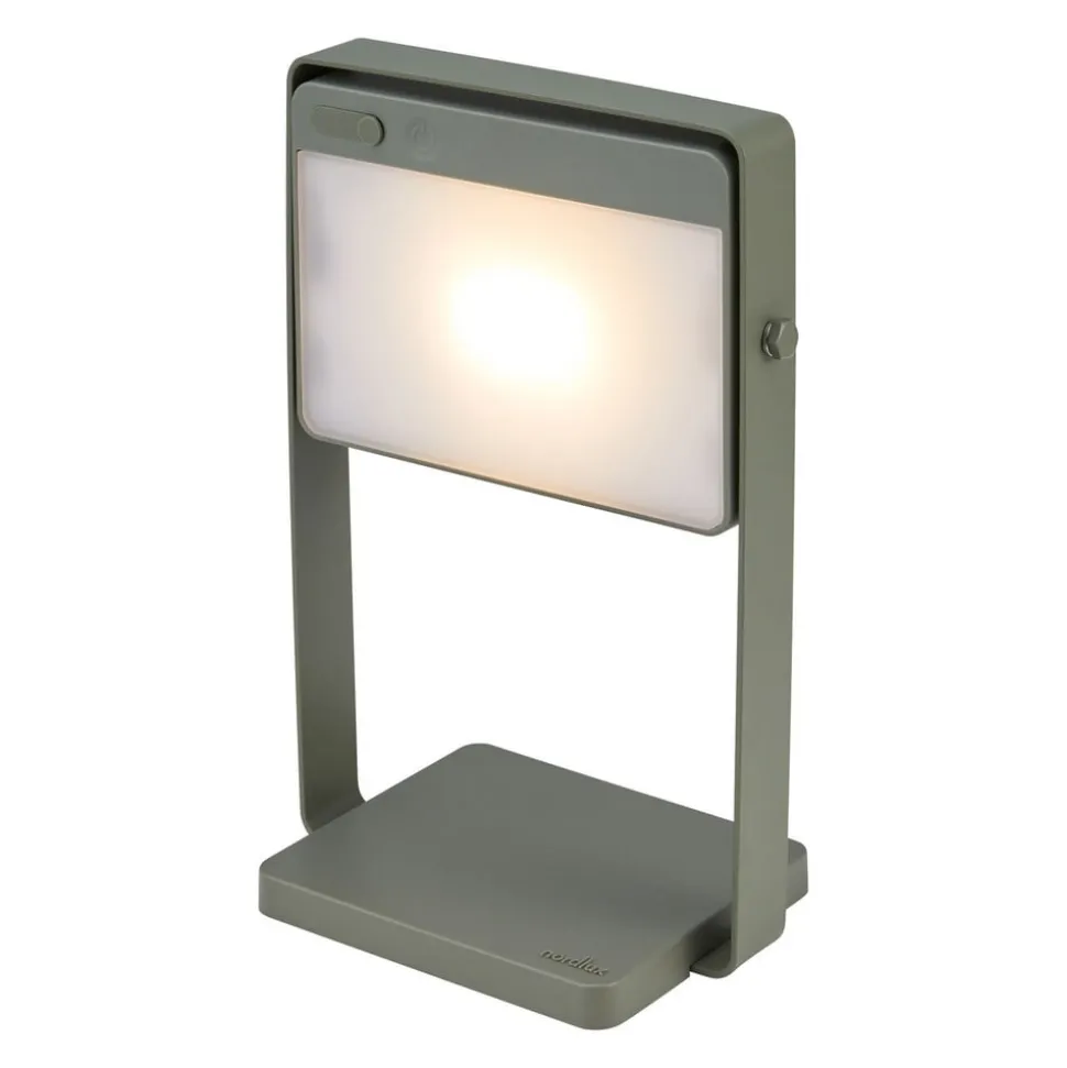 Saulio LED tafellamp op zonne-energie, olijfgroen, IP44, aluminium, USB,