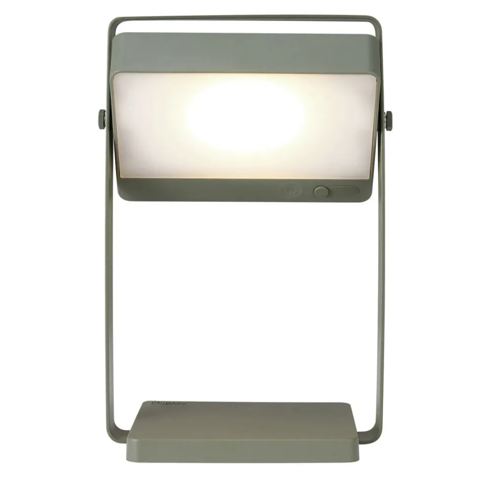 Saulio LED tafellamp op zonne-energie, olijfgroen, IP44, aluminium, USB,