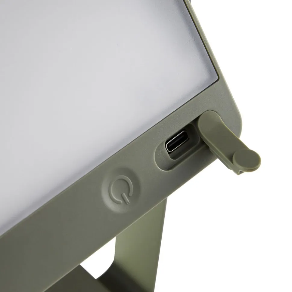 Saulio LED tafellamp op zonne-energie, olijfgroen, IP44, aluminium, USB,