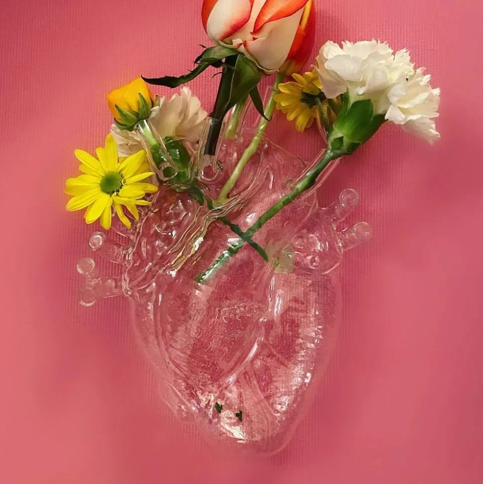 SELETTI Love in Bloom vaas, helder, hoogte 24 cm, hartvormig, glas