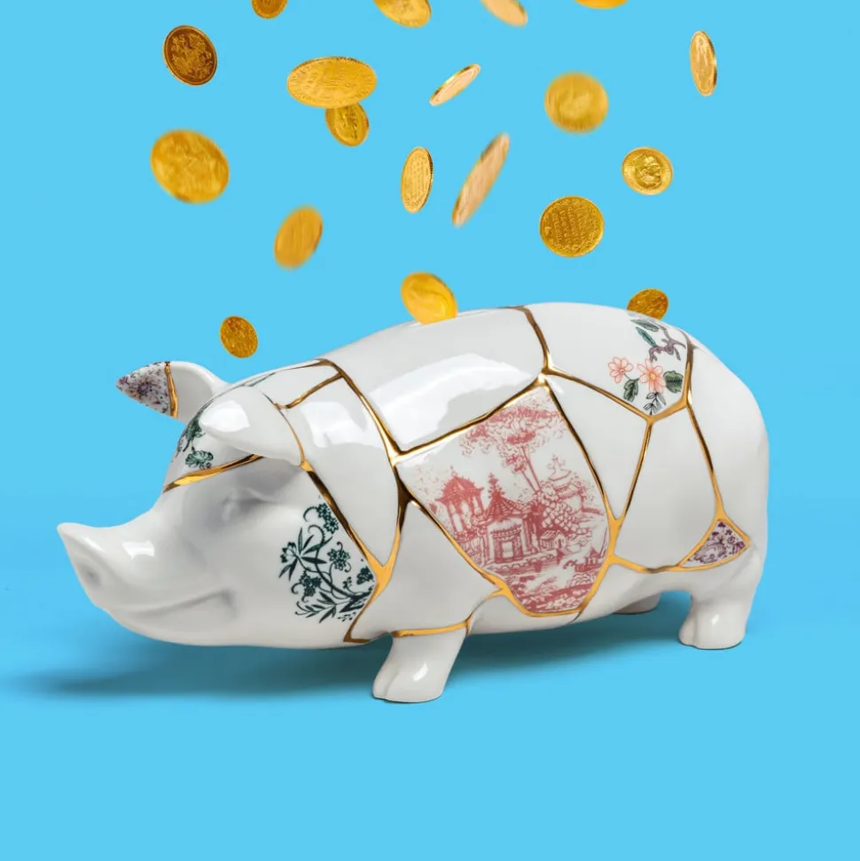 SELETTI spaarvarken Kintsugi, wit / kleurrijk, porselein, goud
