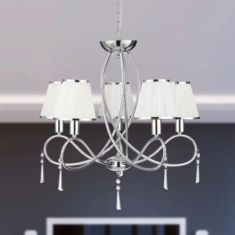 Simplicity kroonluchter, 5-lamps, stof, chroom/wit, E14