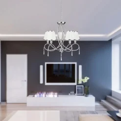 Simplicity kroonluchter, 5-lamps, stof, chroom/wit, E14