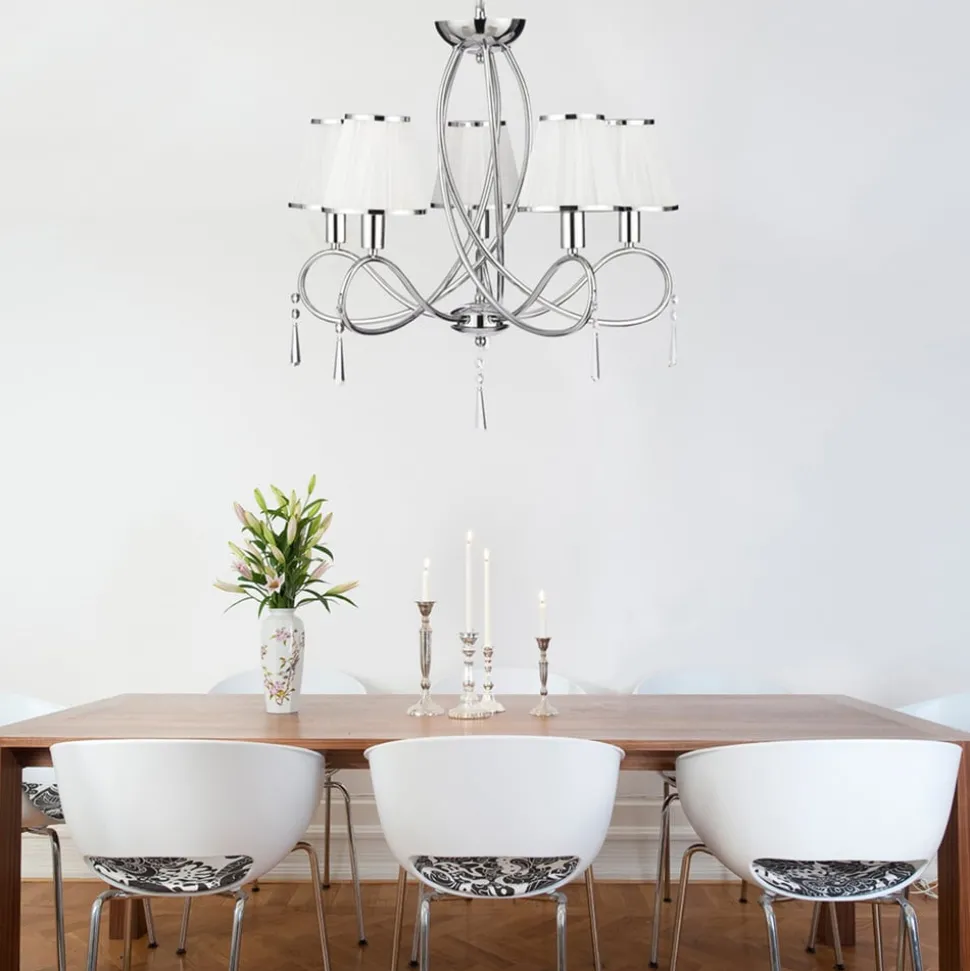 Simplicity kroonluchter, 5-lamps, stof, chroom/wit, E14