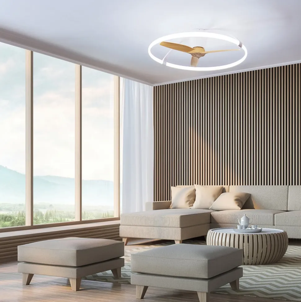 Smart LED plafondventilator Nepal, wit/beuken, DC, stil