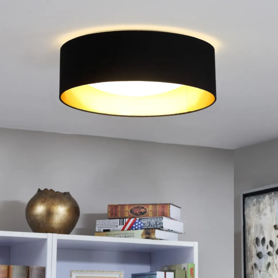 Stoffen plafondlamp Coleen in zwart, binnenin goud