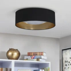 Stoffen plafondlamp Coleen in zwart, binnenin goud