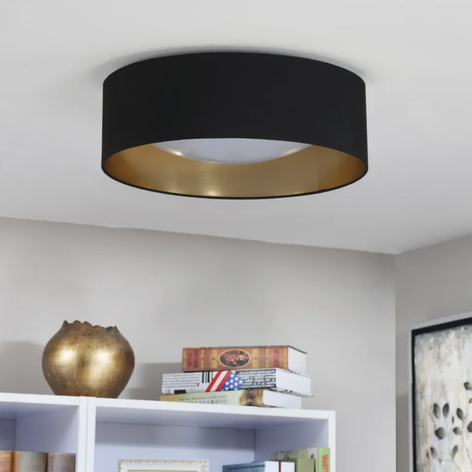 Stoffen plafondlamp Coleen in zwart, binnenin goud