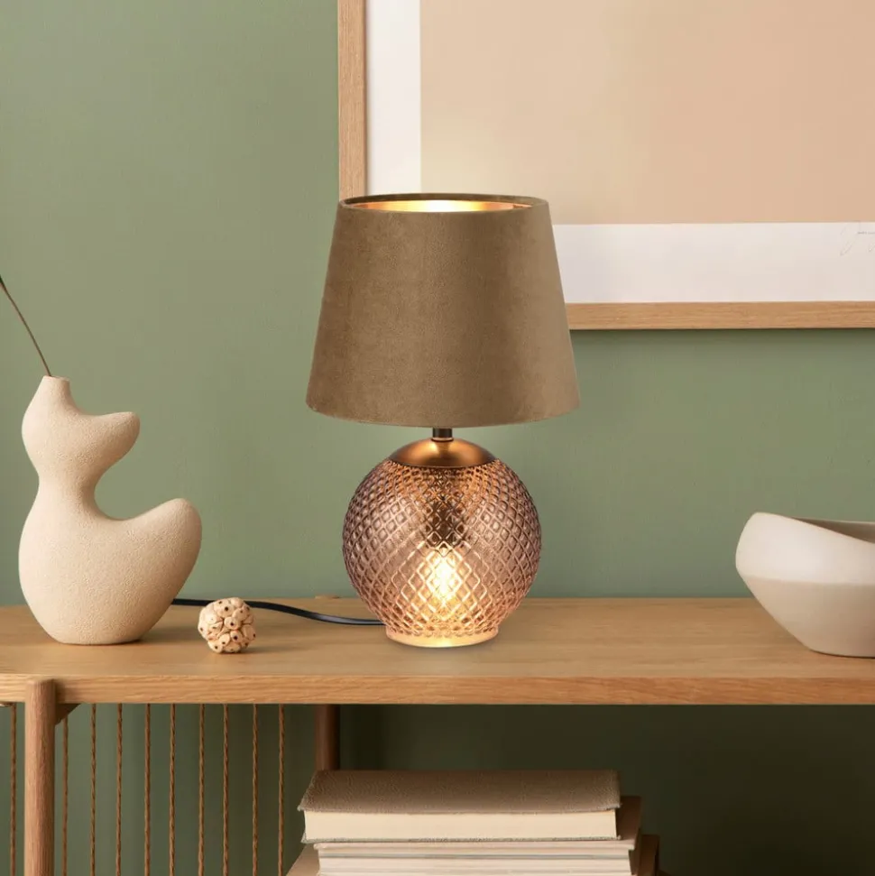 Tafellamp Jonna met glazen voet/fluwelen kap bruin