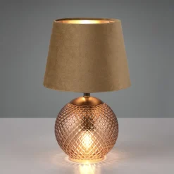 Tafellamp Jonna met glazen voet/fluwelen kap bruin