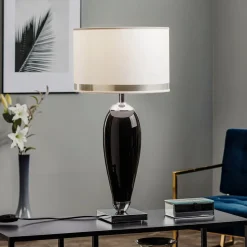 Tafellamp Lund, zwart/wit, hoogte 60 cm, textiel