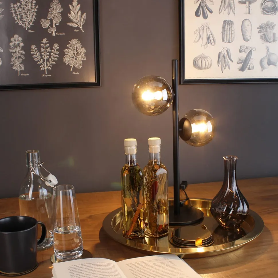 Tafellamp Neptun zwart met 2 rookglasbol