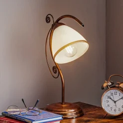 Tafellamp Roma, metaal, glas, wit, bruin, hoogte 39 cm