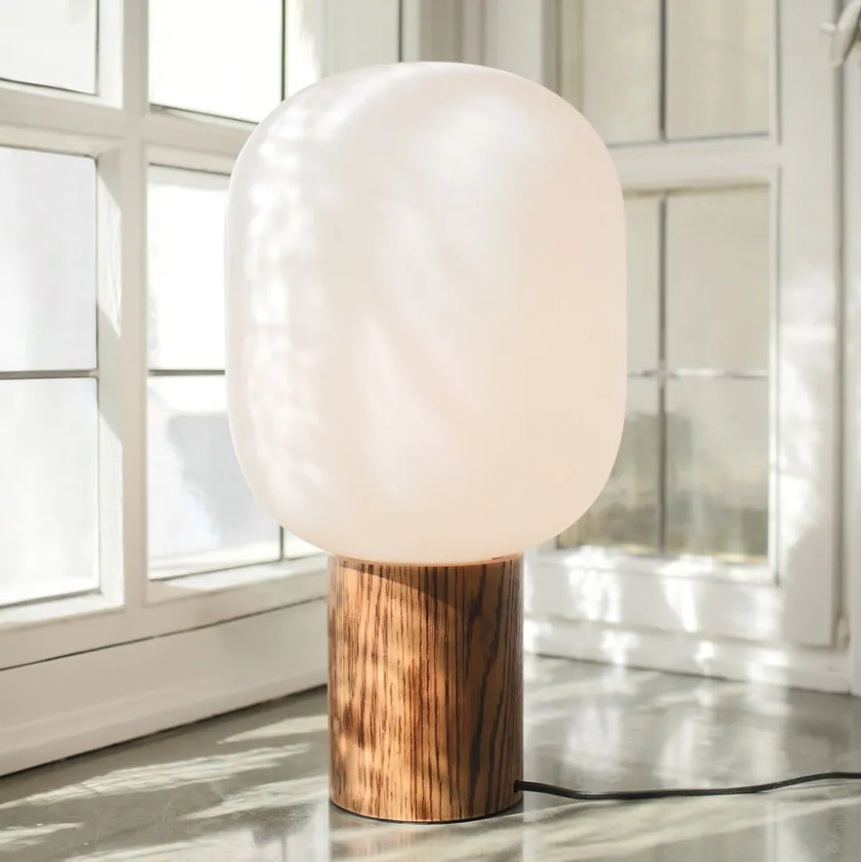 Tafellamp Skene met houten voet en glazen kap 44cm