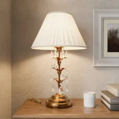 Tafellamp Teresa met kristallen en stoffen kap