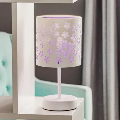 Tafellamp Titilla in wit, kap binnenkant paars