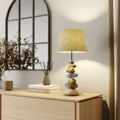 Tafellamp Vera, stoffen kap en steendecor, 55 cm