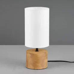 Tafellamp Woody, hout/textiel, cilinder, wit