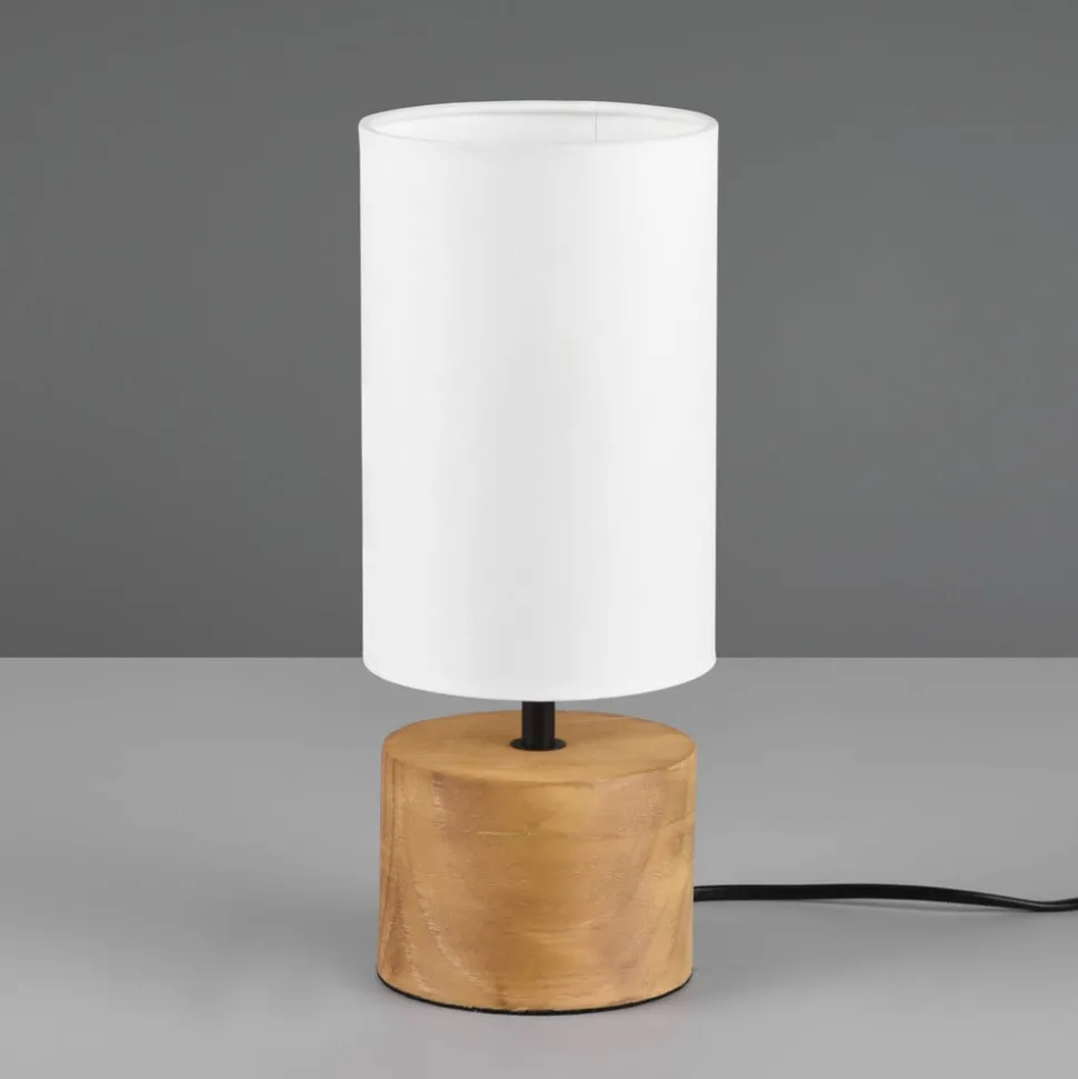 Tafellamp Woody, hout/textiel, cilinder, wit
