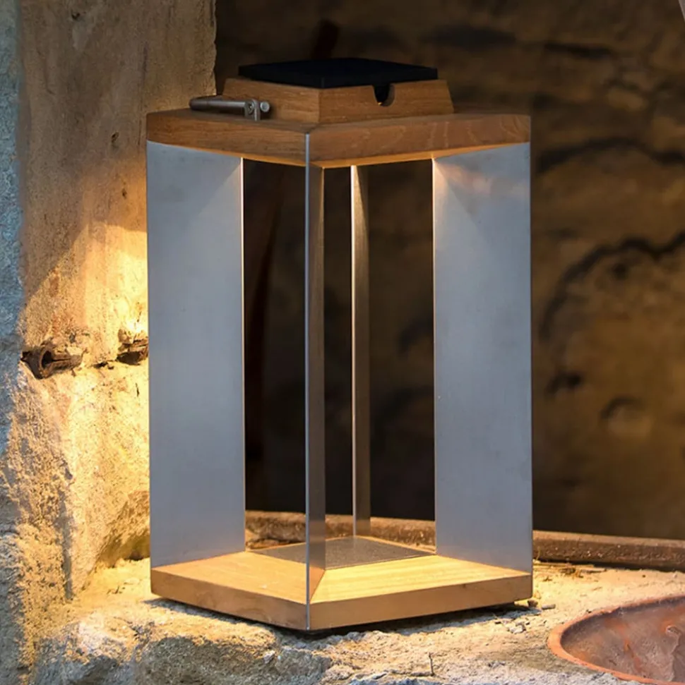 Teckinox LED-lantaarn op zonne-energie, teak/staal, 45,5cm