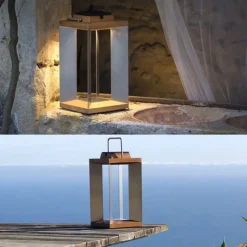 Teckinox LED-lantaarn op zonne-energie, teak/staal, 45,5cm