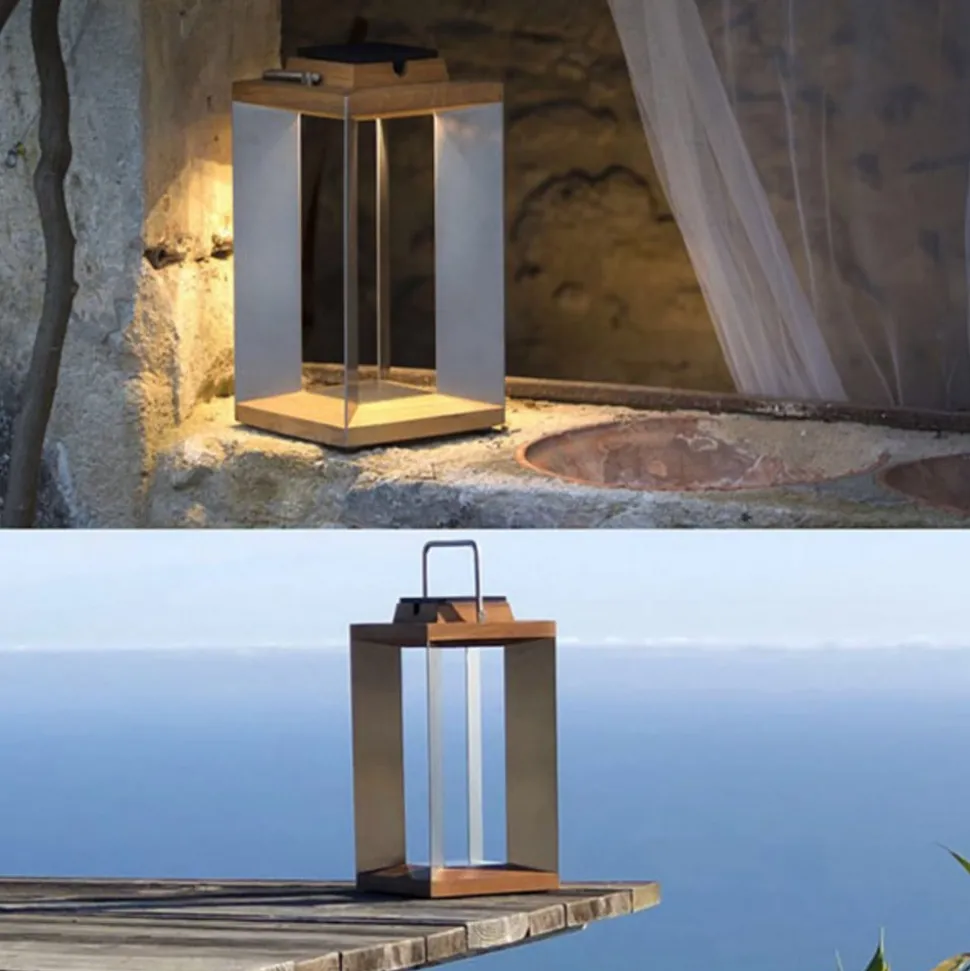 Teckinox LED-lantaarn op zonne-energie, teak/staal, 45,5cm