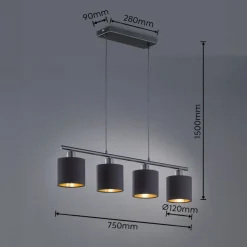 Tommy hanglamp, zwart/goud, lengte 75 cm, 4-lamps, stof
