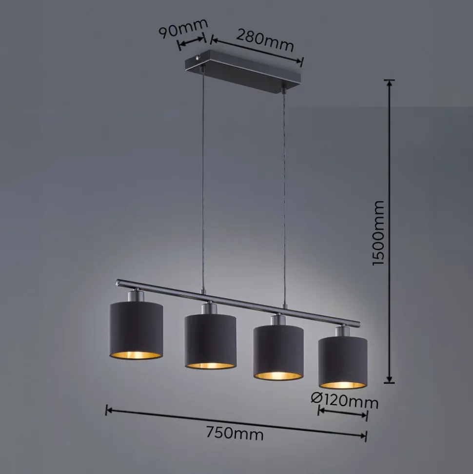 Tommy hanglamp, zwart/goud, lengte 75 cm, 4-lamps, stof