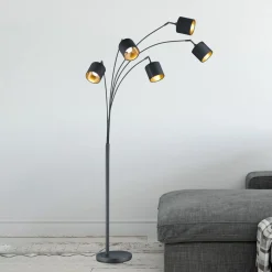 Tommy vloerlamp, zwart/goud, hoogte 200 cm, 5-lamps, stof