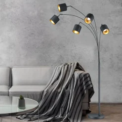 Tommy vloerlamp, zwart/goud, hoogte 200 cm, 5-lamps, stof