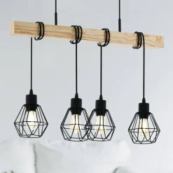 Townshend hanglamp, lengte 70 cm, zwart/eiken, 4-lamps.