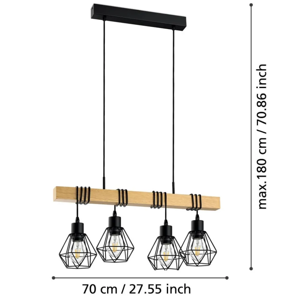 Townshend hanglamp, lengte 70 cm, zwart/eiken, 4-lamps.