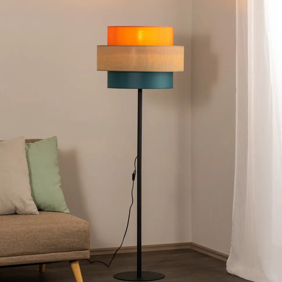 Trio vloerlamp, jute kap, oranje/natuurbruin/petrol