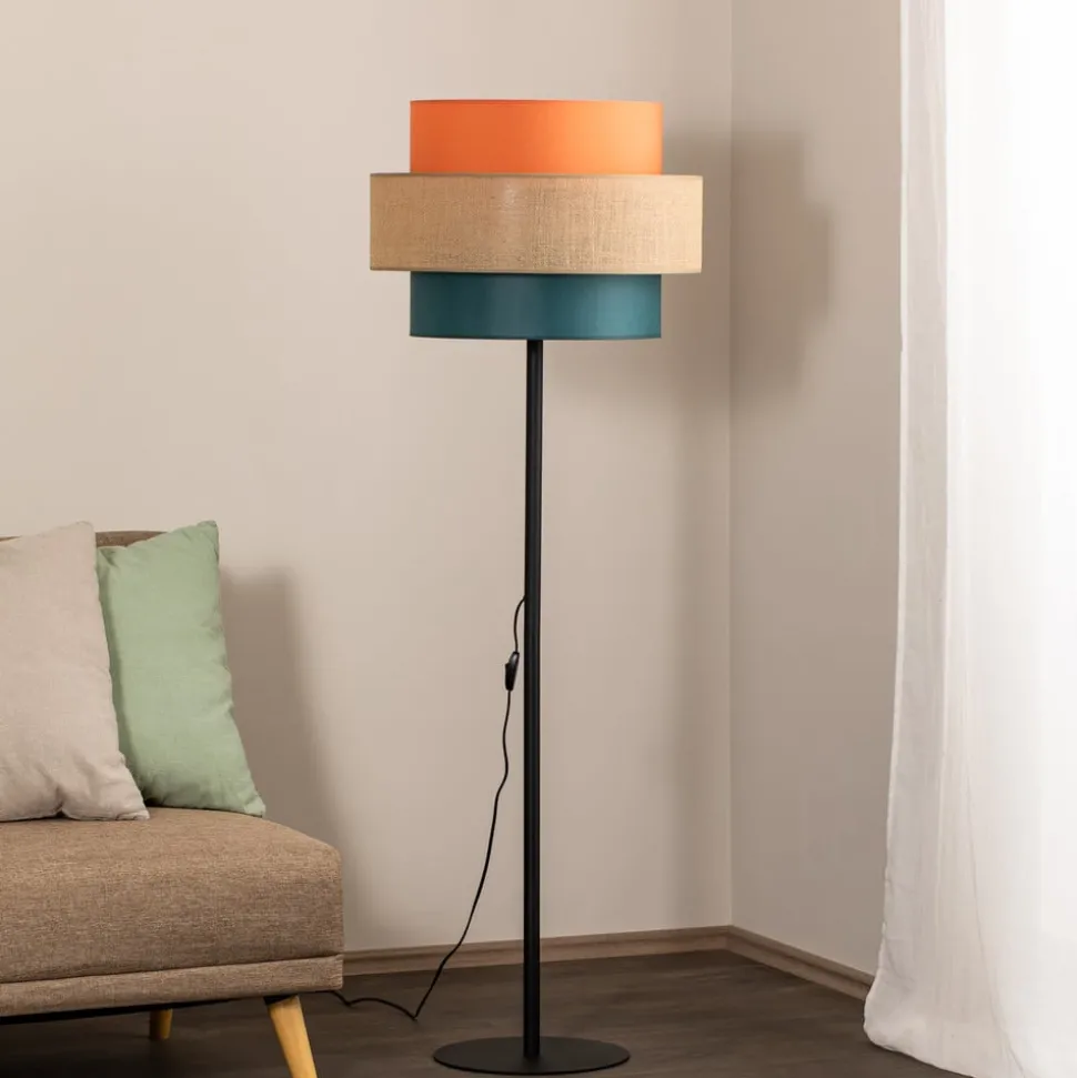 Trio vloerlamp, jute kap, oranje/natuurbruin/petrol