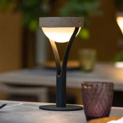 Tyble LED tafellamp op zonne-energie, zwart/teak, 2.700 K, 200 lm