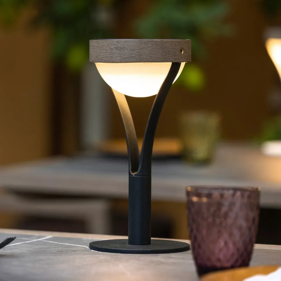 Tyble LED tafellamp op zonne-energie, zwart/teak, 2.700 K, 200 lm