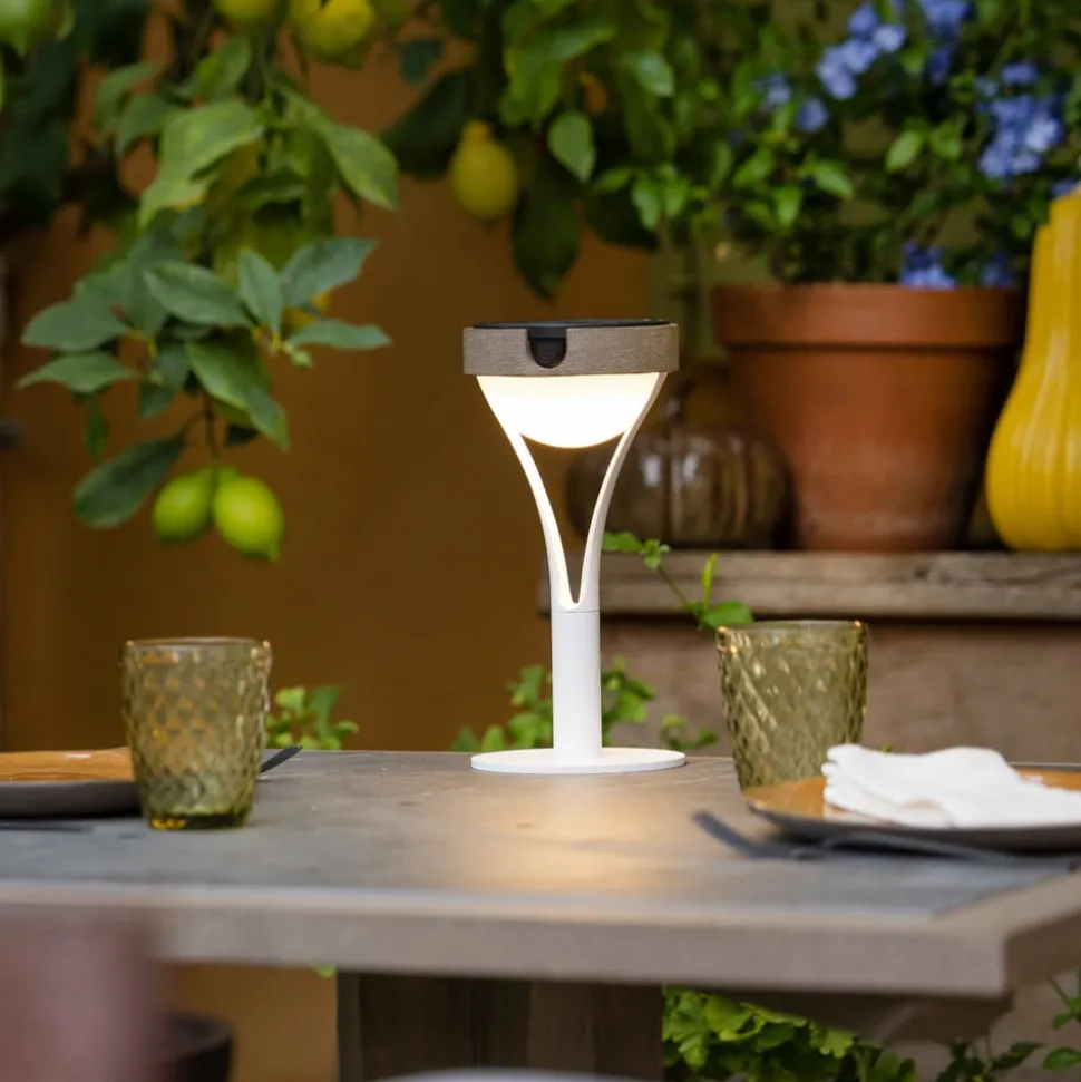 Tyble LED tafellamp op zonne-energie, wit / teak, 2.700 K, 200 lm