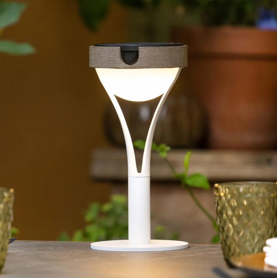 Tyble LED tafellamp op zonne-energie, wit / teak, 2.700 K, 200 lm