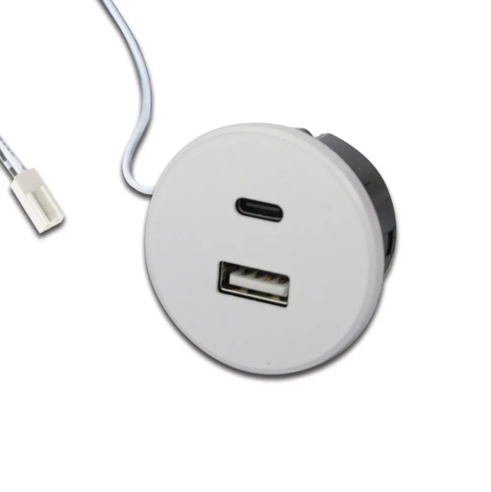 USB-A wandcontactdoos + USB-C, wit, meubelinbouw, 24V ingang, 20W