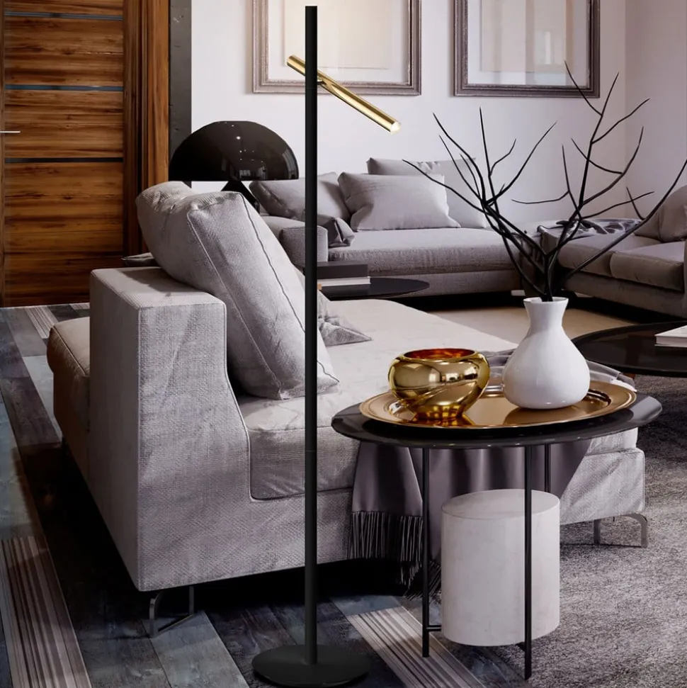 Varas LED vloerlamp, zwart/goud, 2-lamps versie