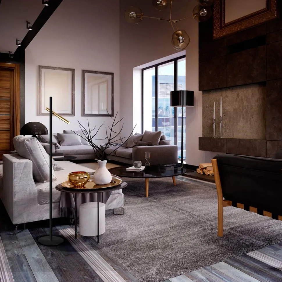 Varas LED vloerlamp, zwart/goud, 2-lamps versie