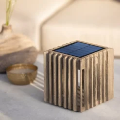 Verti LED tafellamp op zonne-energie, teak-grijs, 3.000 K, 300 lm