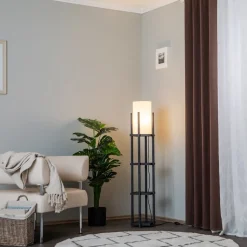 Vloerlamp 8111 zwart, plank, stoffen kap wit