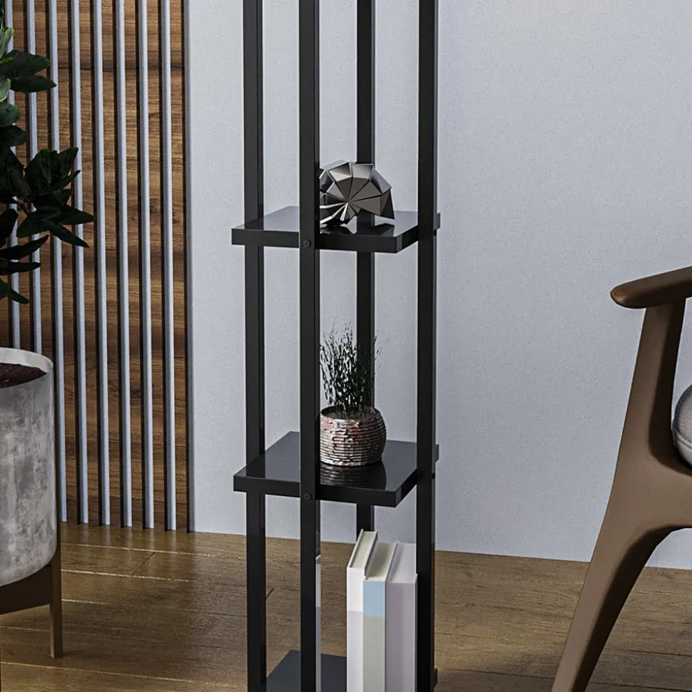 Vloerlamp 8111 zwart, plank, stoffen kap wit