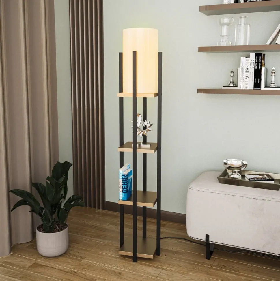 Vloerlamp 8115, zwart/goud/wit, metaal/canvas, hoogte 130 cm